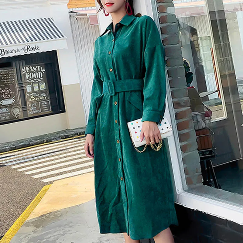 

NORMOV Autumn Winter Women Dress Elegant Solid Turn Down Collar Long Sleeve Button Sashes Corduroy Dresses Vintage Femme Dress