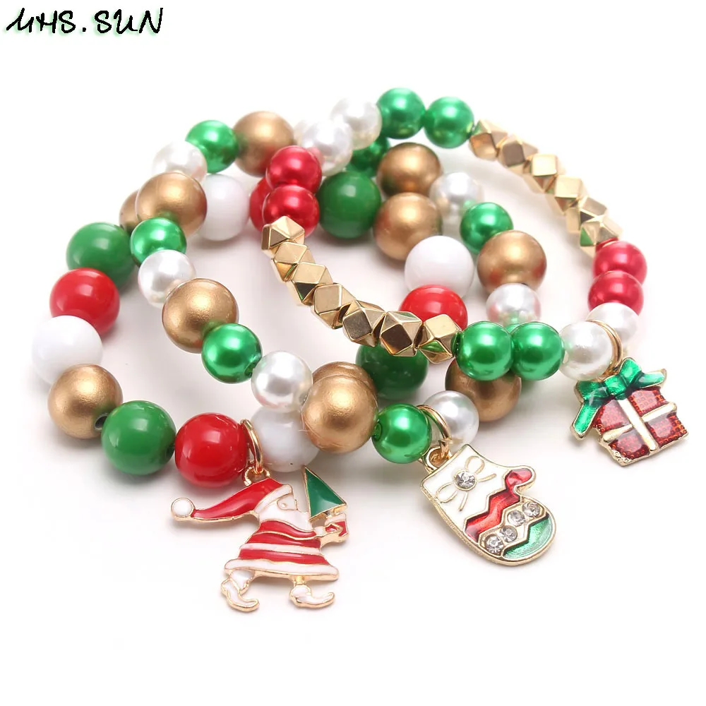 MHS.SUN 3pcs cute kids girls charms bracelets christmas style beads elastic bangles diy jewelry for children gift - купить по