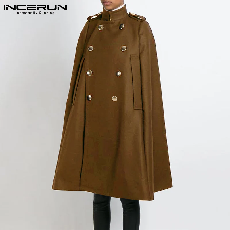 

INCERUN Fashion Men Cloak Coats Solid Color Stand Collar Loose Double Breasted Ponchos Men Streetwear 2022 Casual Long Overcoats
