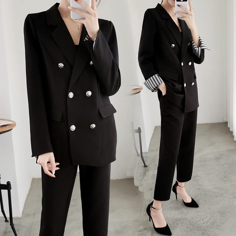 Женский брючный костюм из 2 предметов двубортный блейзер и брюки большого