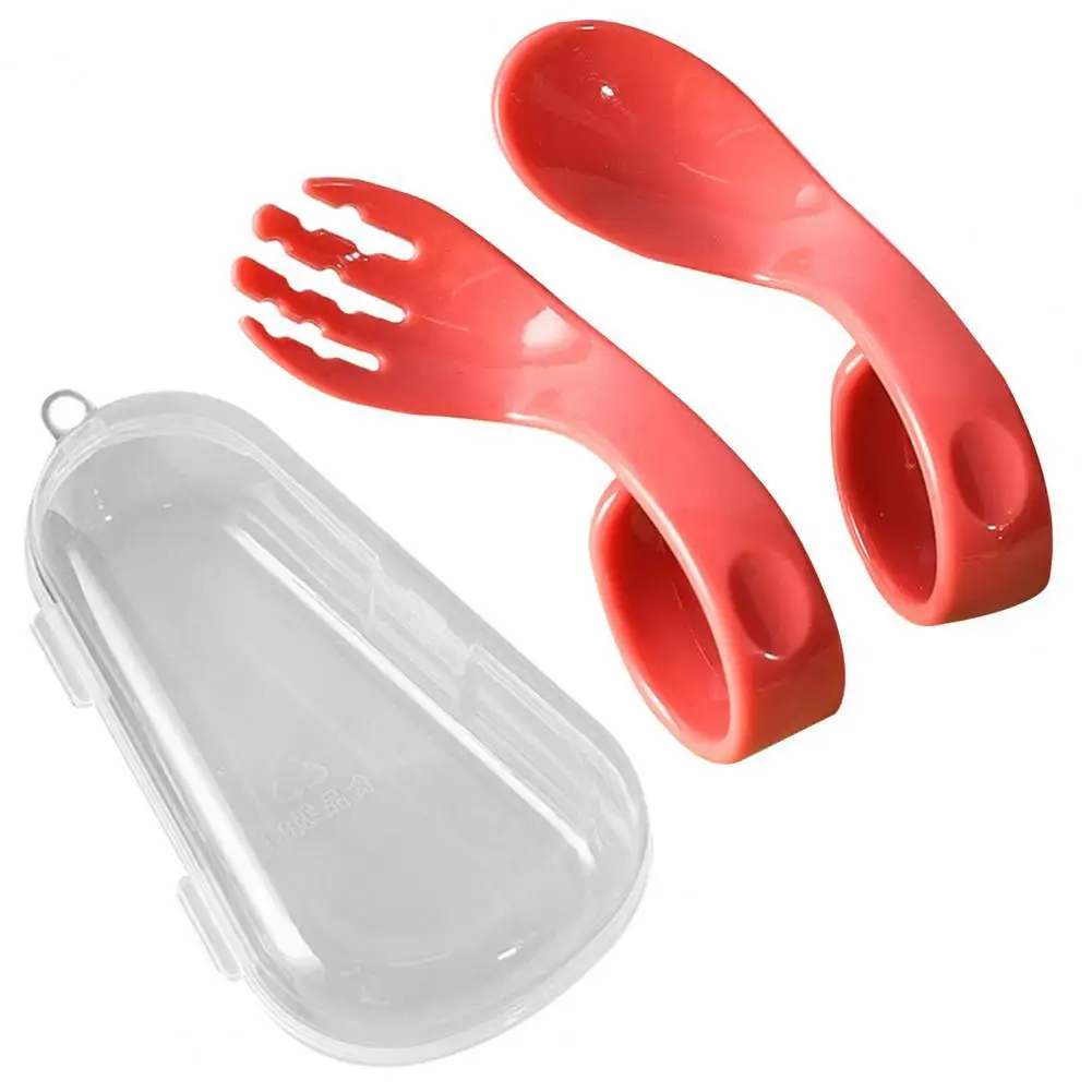 1 Set Offset Spoon Fork Food Grade Cute Appearance Eating Aid Right Hand Learn Eat Infant Tableware Crooked Spoon Set