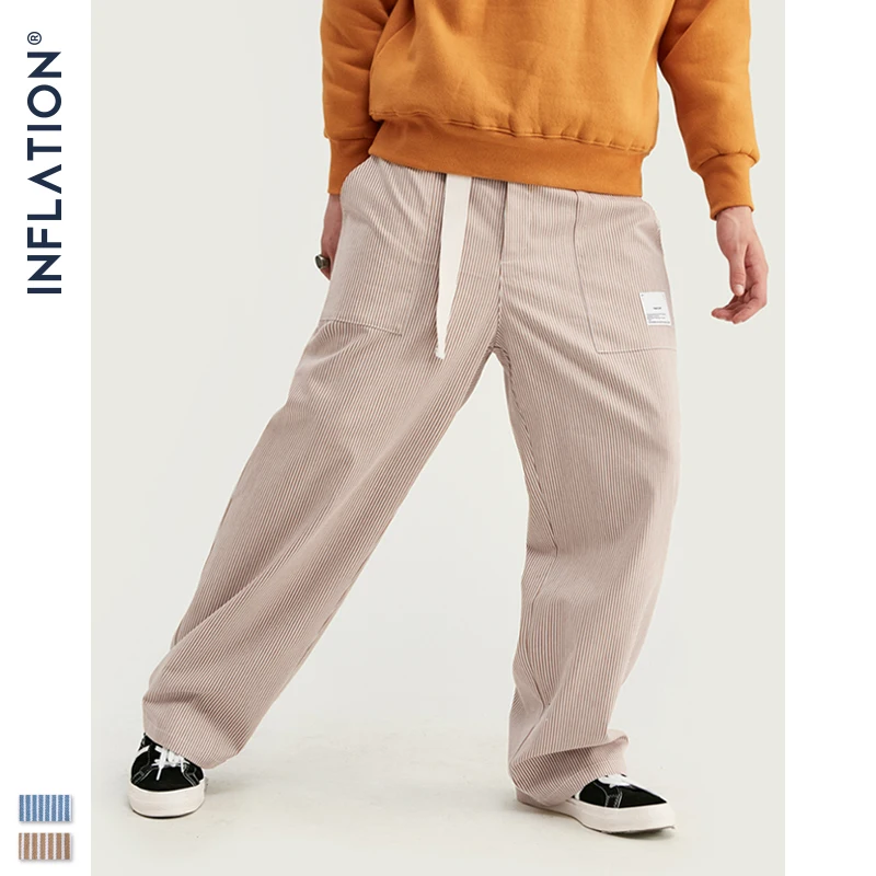 INFLATION Men Casual Pants Winter Streetwear Old Fashion Stripe Pants Straight Elastic Waist Casual Stripe Men Pants 93421W