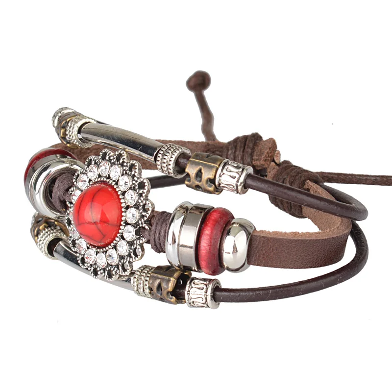 Кожаные браслеты красный бирюзой Многослойные тройной браслет из бисера для