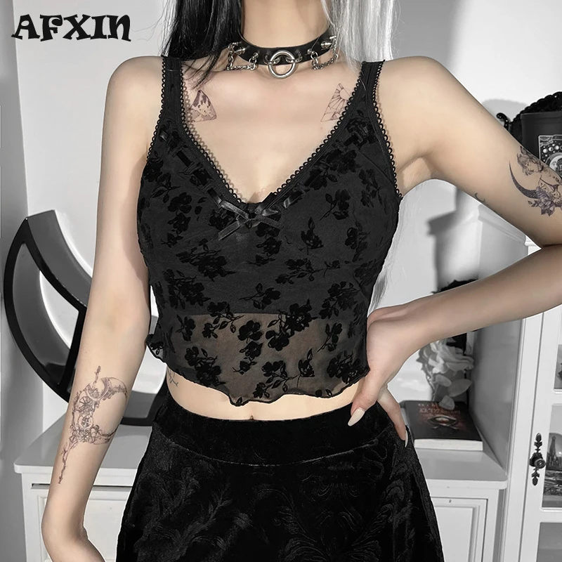 

Sexy Goth Black Lace Camis Top Women Streetwear See Through Mesh Vest Camisole V Neck Crop Tops Floral Tanks Top Summer Clothes