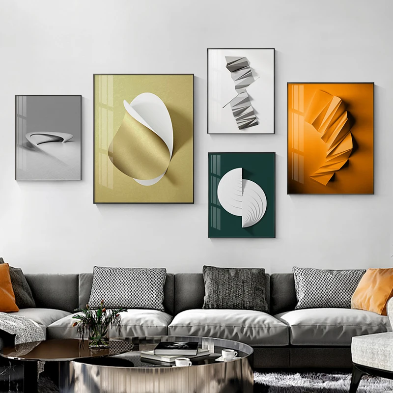 Абстрактное геометрическое искусство черный белый оригами Золотая фольга холст