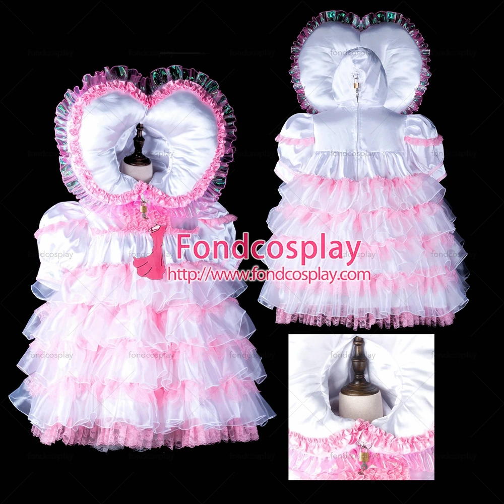 

fondcosplay adult sexy cross dressing sissy maid baby pink white Satin Organza heart hood dress lockable Tailor-made[G2391]