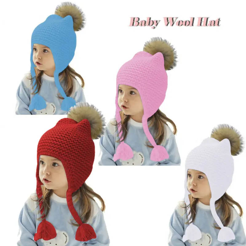 Toddler Kids Girls Baby Infant Winter Warm Crochet Knit Hat Beanie Chunky Cap Knitted Wool Faux Fur Pom Bobble | Детская одежда и