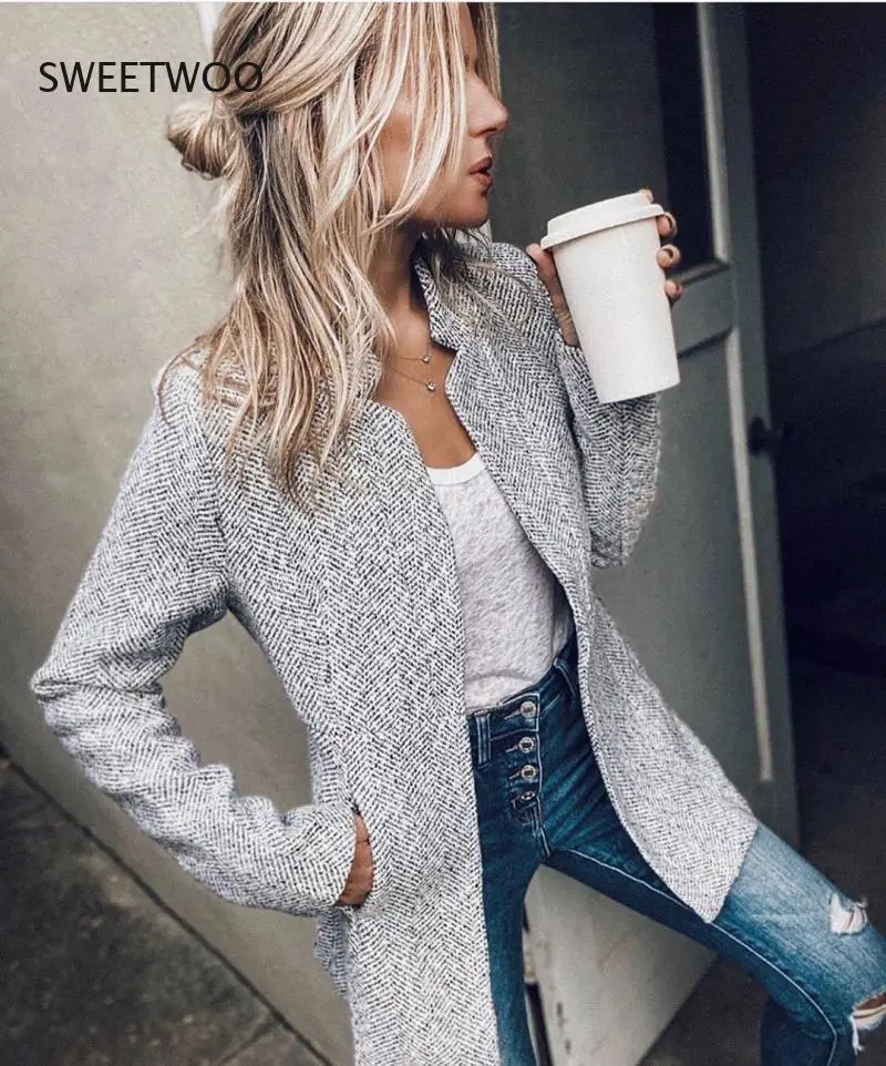 

Vintage Women Long Sleeve Gray Blazer Elegant Slim Sport Coat Stand Collar Smart Casual Jacket