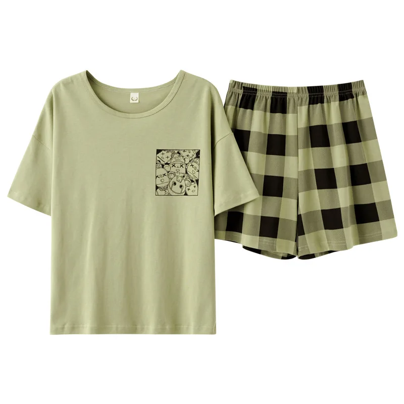 

Summer girls women short sleeve short pants pajama sets cute plaid big size housewear homewear
