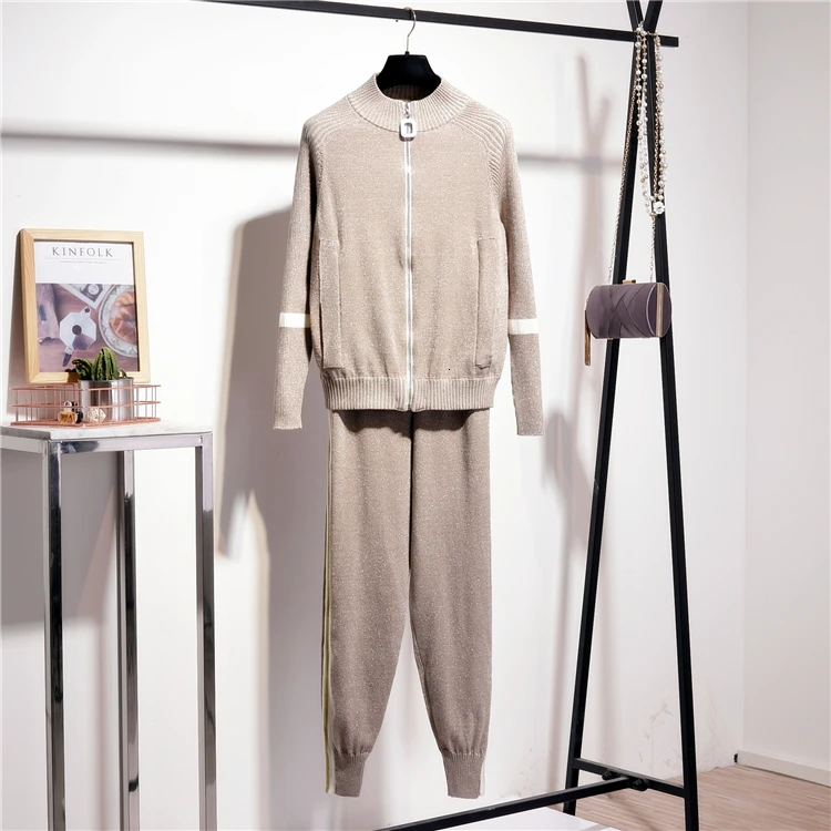 Beige Спортивный костюм для женщин; теплый трикотажный спортивный костюм; осенне-зимняя одежда; вязаные кардиганы; пальто; широкие брюки; комплект из двух предметов; брючный костюм - Цвет: Beige