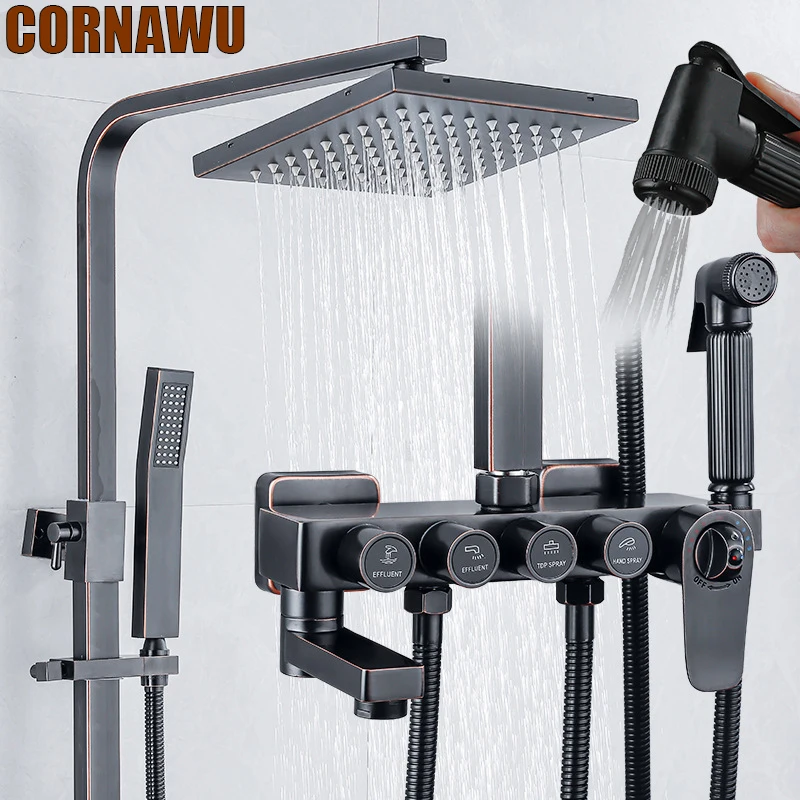 

Hot Cold Mixer Shower Faucet System Bathroom Bronze Black Thermostatic Showers Set Wall Mount SPA Rainfall ORB Bath Chuveirinho