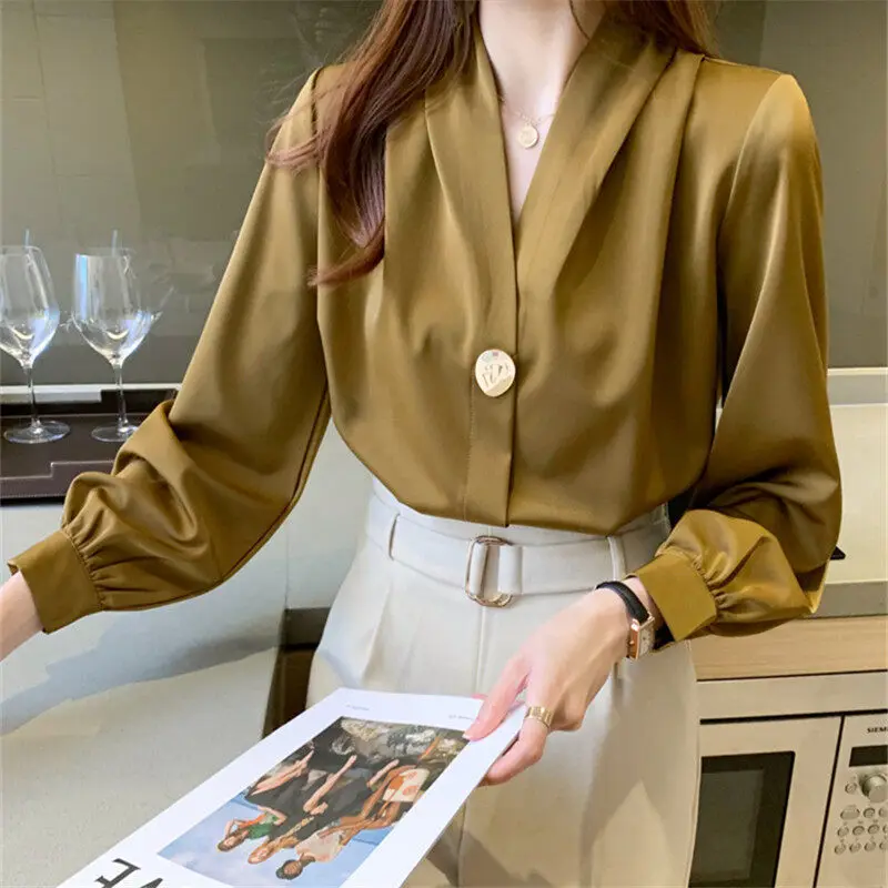 

White V Neck Retro Shirt France Style Chiffon Women Top Fashion Loose Simple Plain Long Sleeve plus size blouse