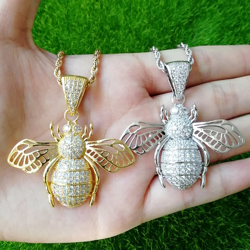 

Hip Hop Rapper AAA+ Cubic Zirconia Setting Iced Out Animal Cute Bee Pendants Necklace for Men Women Bling CZ Jewelry Gold Color