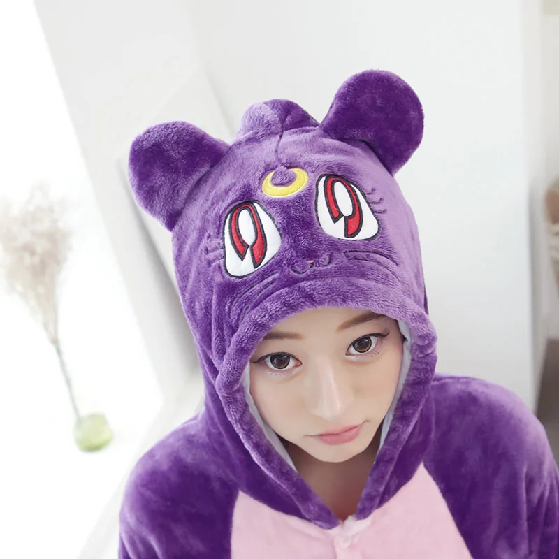 2019 Winter Purple Cat Pajamas Animal Sleepwear onesie Kigurumi Women Men Unisex Adult Flannel Nightie Home clothes Sets