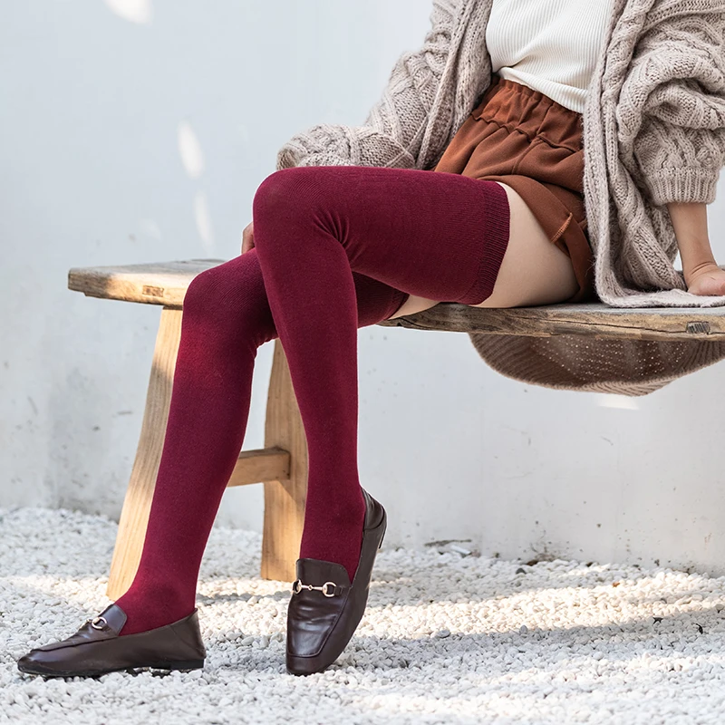 Women Cotton Thigh Stockings Rib Cuff anti-slip Long Stockings Female Spring Athletic wear Keep Warm Socks Black Burgundy color