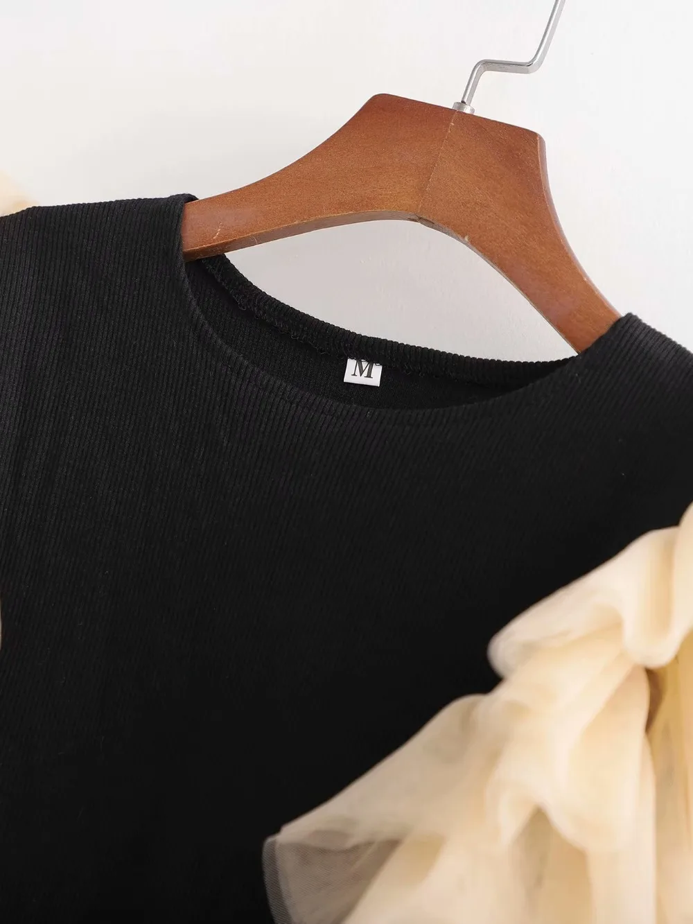 Ribbed Knit Sexy Bodysuit Women Tulle Sleeve Round Neck Vintage Black Tops Body mujer | Женская одежда