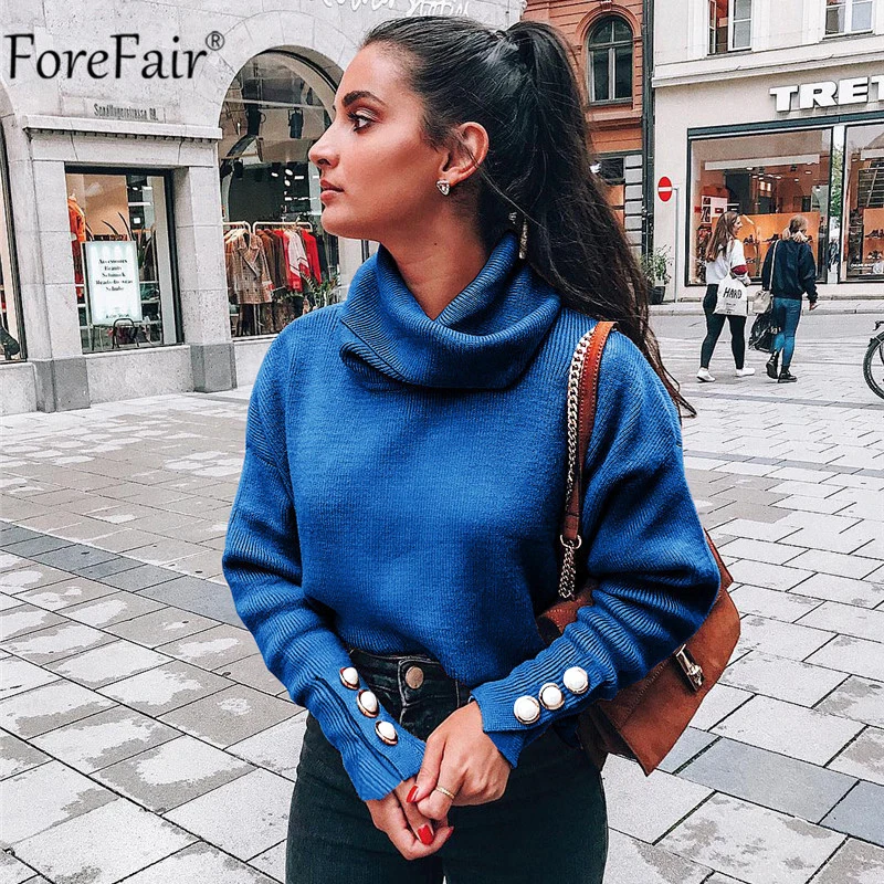 

Forefair Turtleneck Sweater Women Button Warm Long Sleeve Jumper Casual Loose Knitted Autumn Winter Blue Ladies Pullover