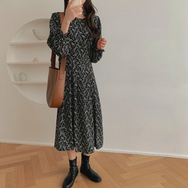 

HziriP Women Dresses 2021 Autumn Floral O-Neck Sweet Vintage High Waist Single Breasted Back A-Line Elegant Female Office Lady