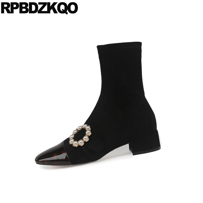 Square Toe Black Japanese Suede Patent Leather Brand Women Winter Boots Genuine Chunky Warm Cheetah Ankle Pearl Fur Block Shoes | Обувь