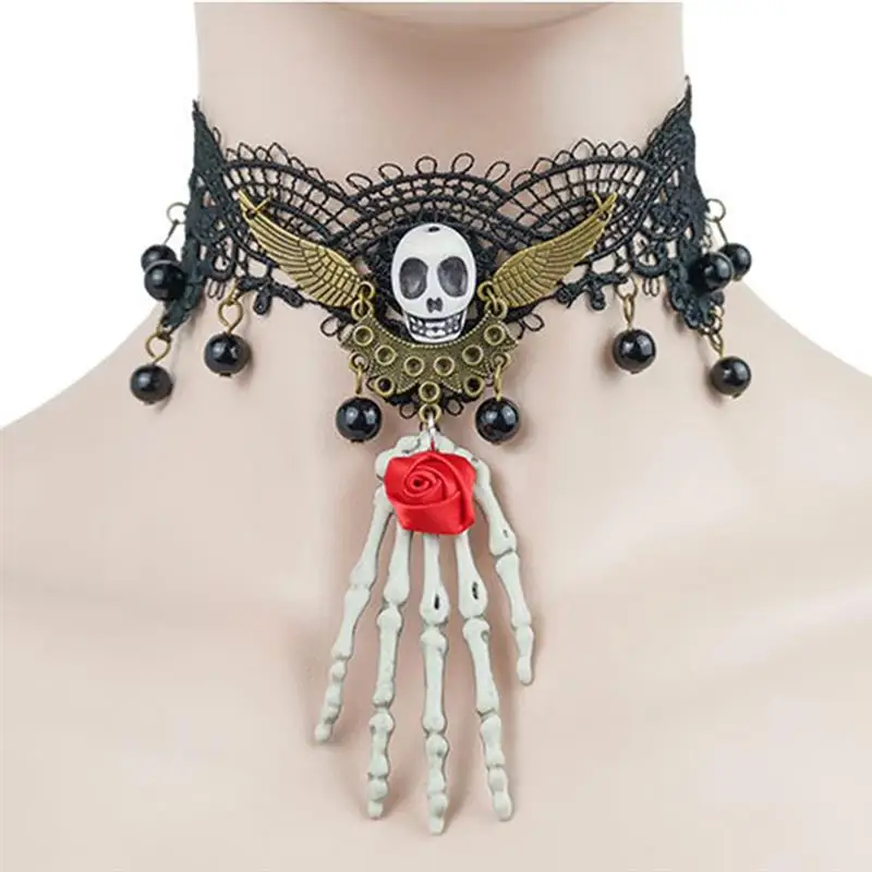 2019 Новый Винтажный коготь привидения ожерелье Скелет голова леди бутон лента