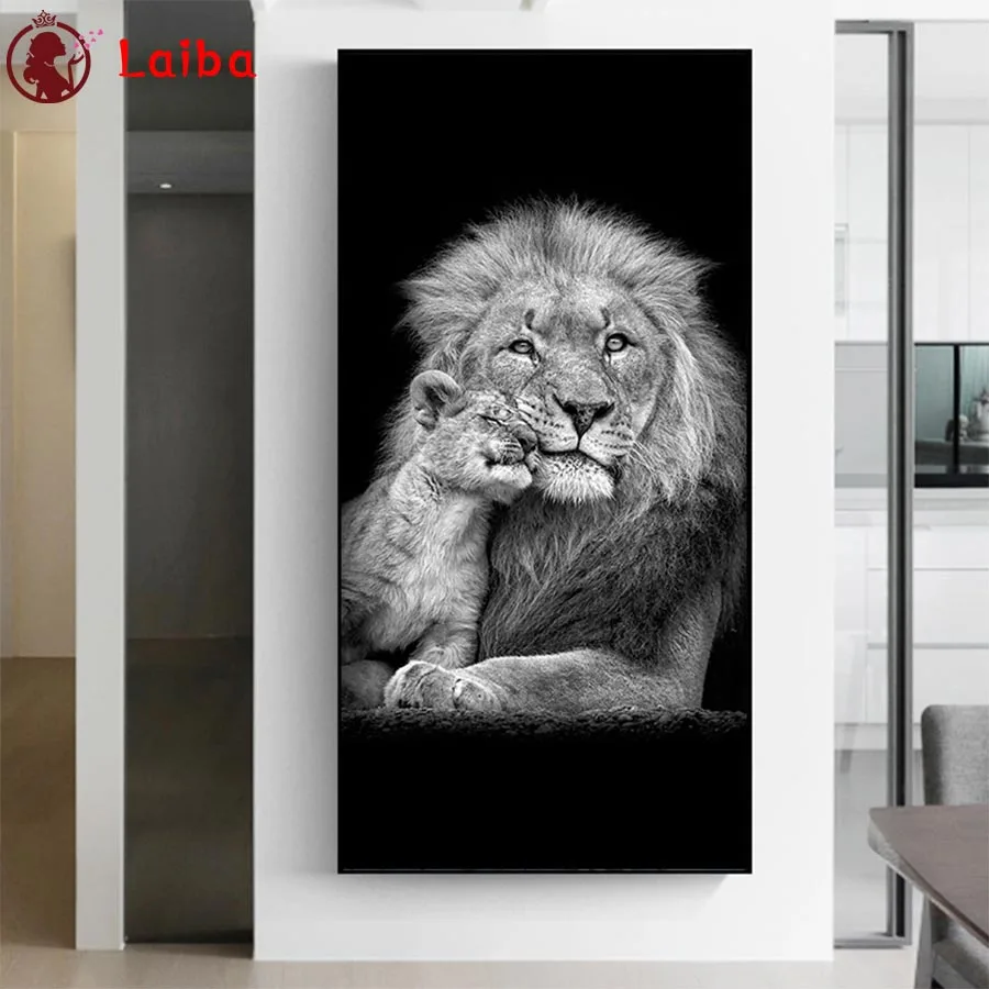 

5 d diamond mosaic Black and white animal art, lion parent-child For Living Room Home Decor diamond Painting embroidery mosaic