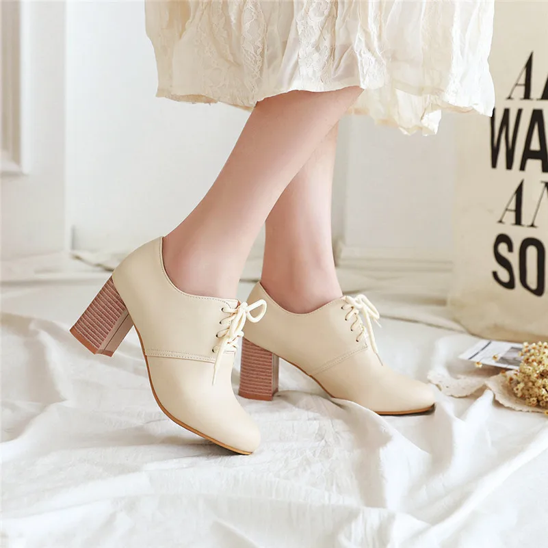 

High Heels Women Pumps Fashion Block High Heels Dress Derby Shoes Lace Up Round Toe Shoes Ladies 2020 Spring Large Size 33 44 45