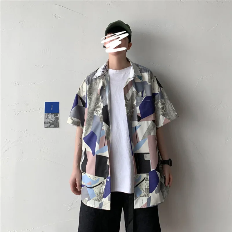 Summer Dress Shirt Men's Fashion Geometric Printed Casual Shirts Mens Streetwear Wild Loose Short Sleeve Shirt Men M-5XL