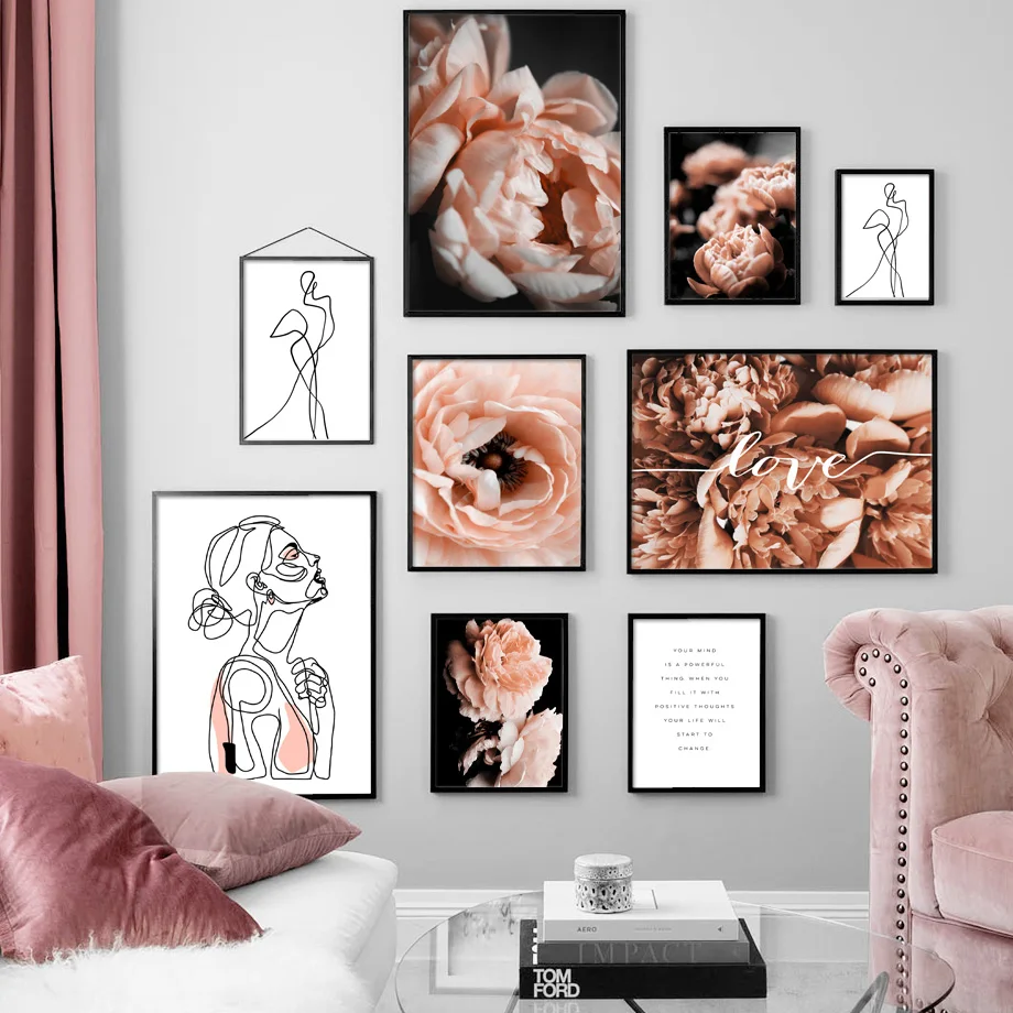 Настенная картина Пион абстрактная линия скандинавские постеры с цитатами для