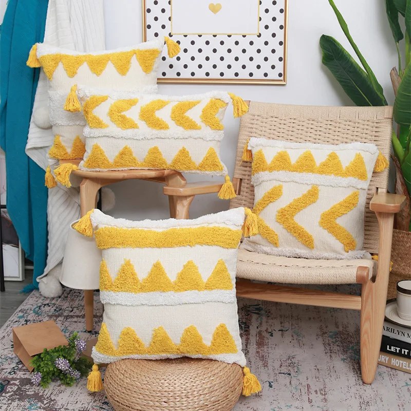 

Free Shipping Tufted Embroidery Cushion Cover Nordic Style Chenille Tassel Pillow Case No Core YSD-PE
