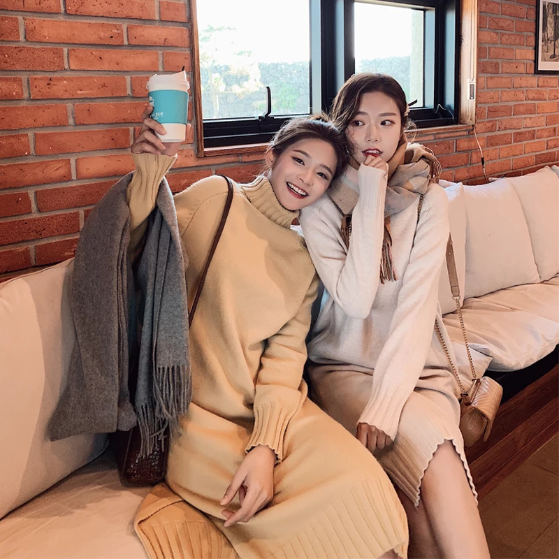 

Платье-Свитер женское, зимнее, трикотажное, с круглым вырезом