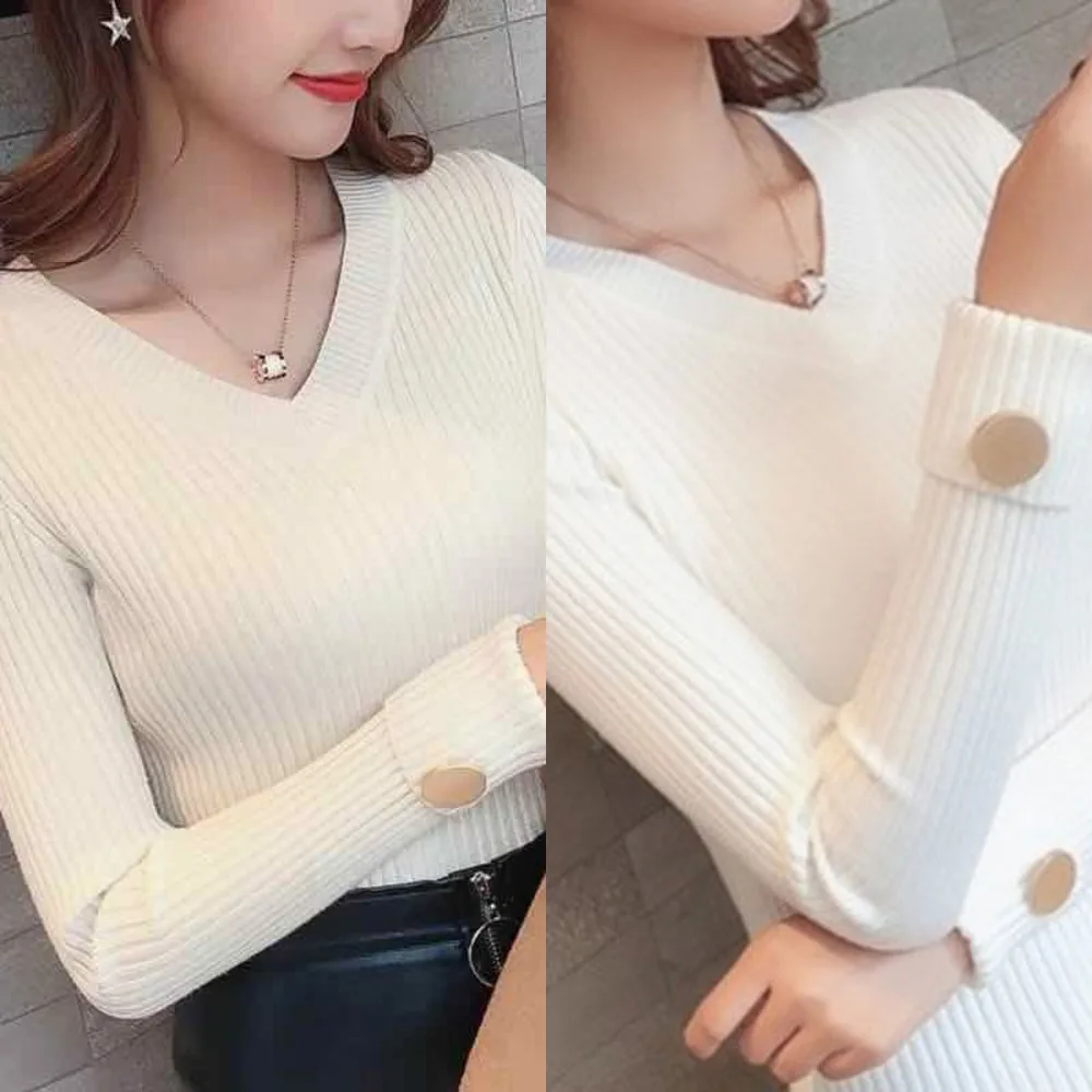 

Новинка 2020 Женский Повседневный цветной тонкий пуловер на пуговицах, женский элегантный свитер с v-образным вырезом и длинными рукавами