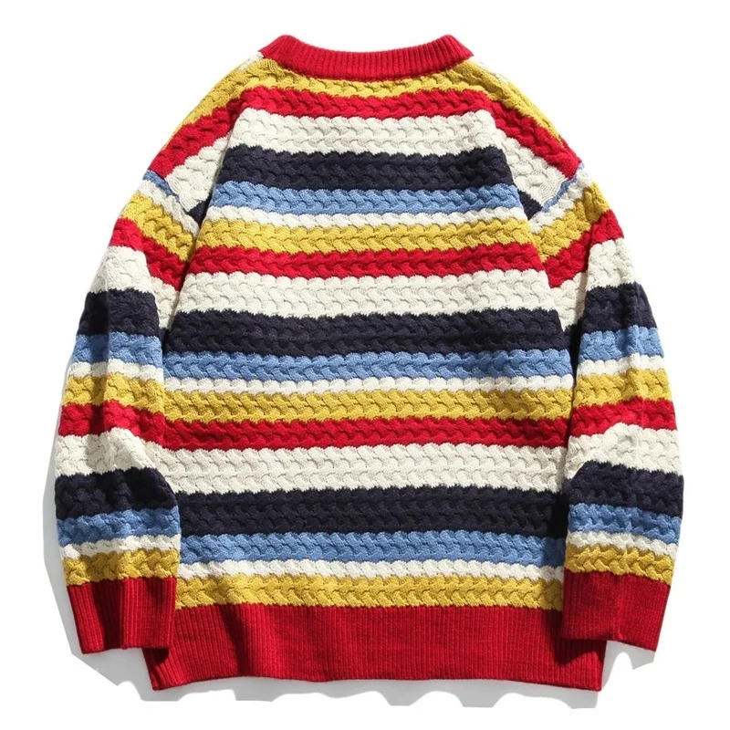 

Embroidery Fashion Stripes Streetwear Men Daisy Flower Women Sweaters Knitted Rainbow Casual Pullovers Knitwear Tops hombre