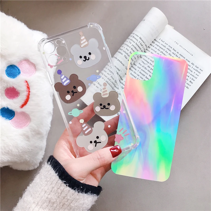 Милый мультяшный медведь лазерный мягкий чехол для телефона iPhone 11 Pro XS Max X XR 7 8 Plus SE