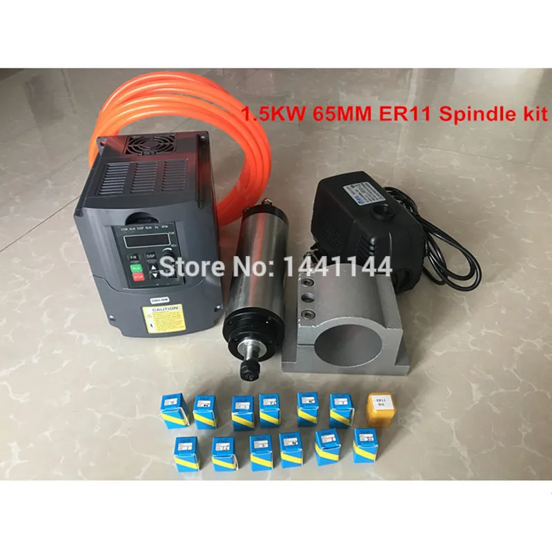 

CNC Router Spindle Kit 1.5kw Water Cooled Spindle Motor 65mm + 220v VDF Inverter +65mm Clamp +80w 3.5m Pump +5m Pipe +1set Er11