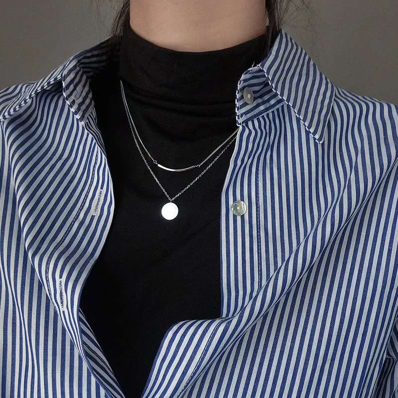 

VENTFILLE 925 Sterling Silver Double Layer Round Disc Pendant Necklaces For Women Sweater Chain All-match Jewelry Party Gift