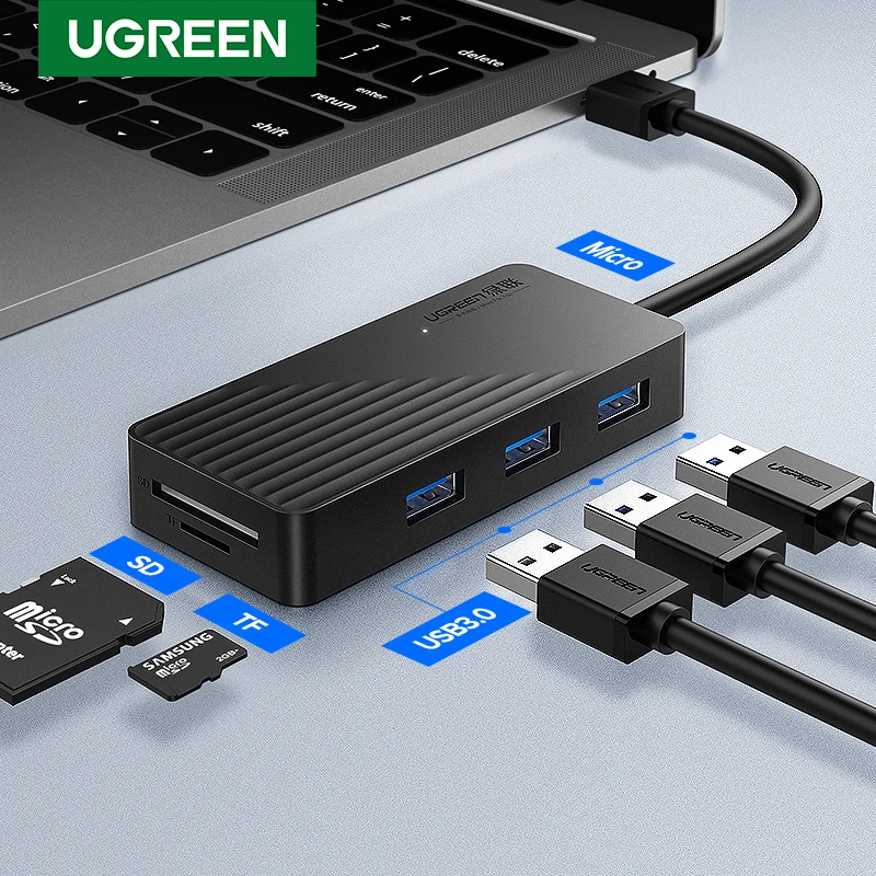 Ugreen 5-в-1 usb-хаб с кард-ридер 3 Порты и разъёмы USB 3,0 HUB разветвитель Micro USB Мощность Порты и разъёмы Для iMac аксессуары для ноутбуков usb-хаб