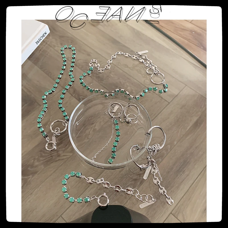 

SexMara 20FW New Temperament Personality Simple Mint Green Opal Zircon Stitching Chain Choker Necklace For Women Girls Jewelry
