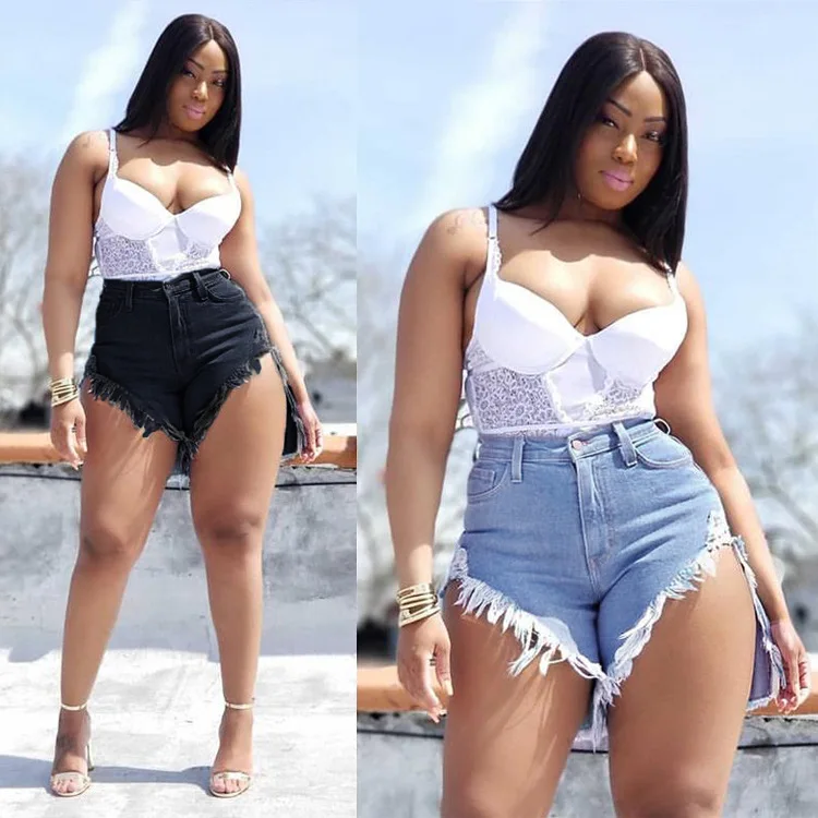 

Casual Denim Shorts Women's New Style Solid Color Raw Edge Fashion Ripped Denim Shorts Hot Pants джинсове оѬ женские