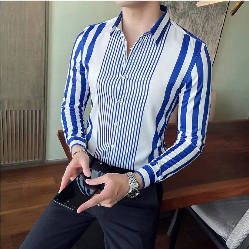Men's Striped Casual Shirts Streetwear Slim Fit Black White Long Sleeve Shirt Tops Men Autumn Silk Satin Digital Printed S-4XL