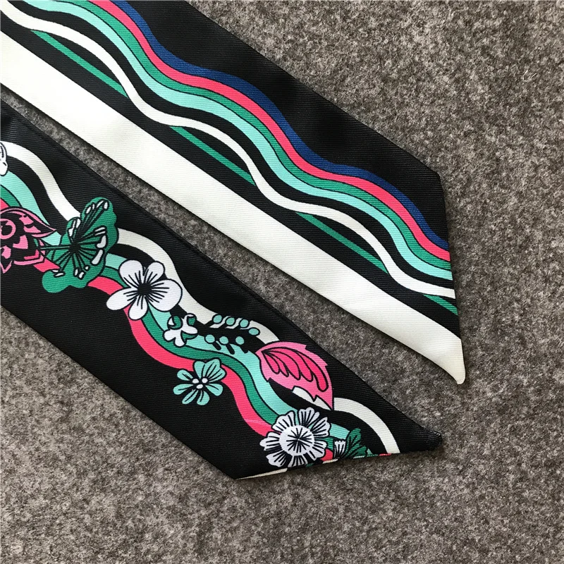 

High Qaulity Floral Wave Stripe Bag Handle Tie Silk Scarf Small Ribbon Decoration Accessories For Women Girls шарф