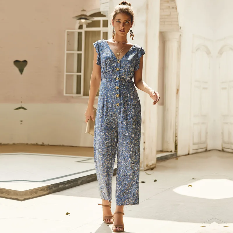 

Elegant Print Jumpsuits Women Full Length Loose Casual Ruffles Jumpsuits