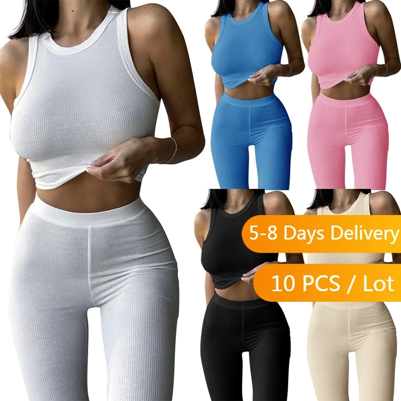 

Bulk Items Wholesale Lots Ribbed 2 Piece Set Women Casual Tank Crop Top Leggings Set Sportwear Solid Bodycon Tracksuit Women Set