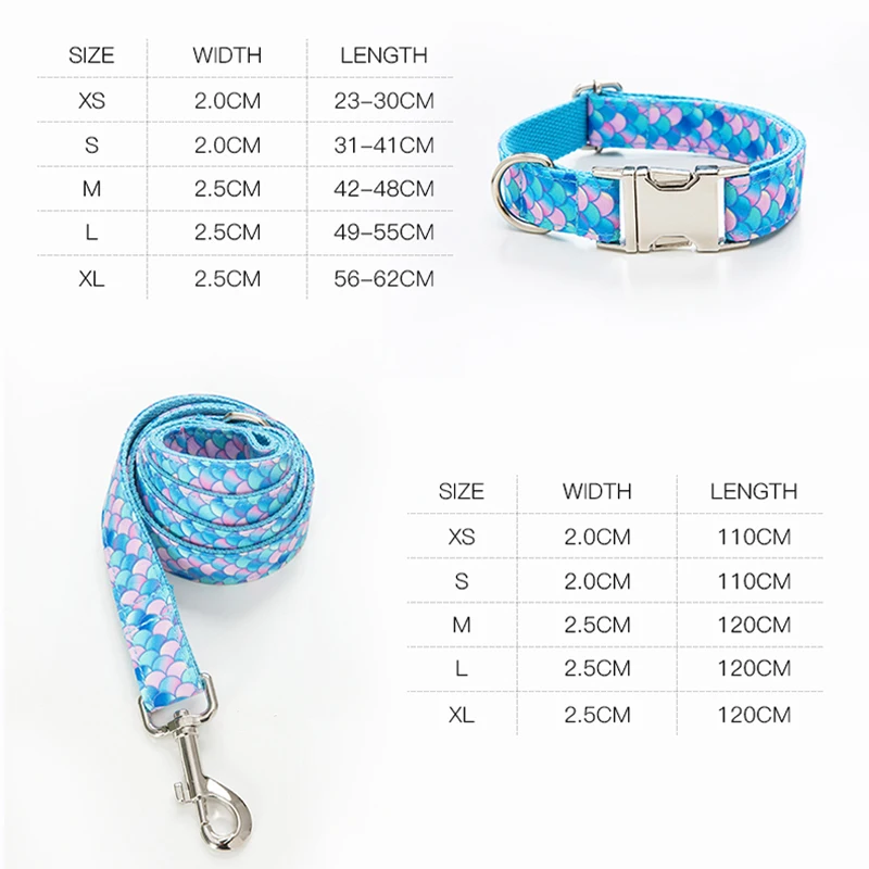 

HptYfd Dog Collar Leash Set Personalized Fish Scales Printed Pet Collar for Medium Large Dogs Pug Lead Walking Supplies