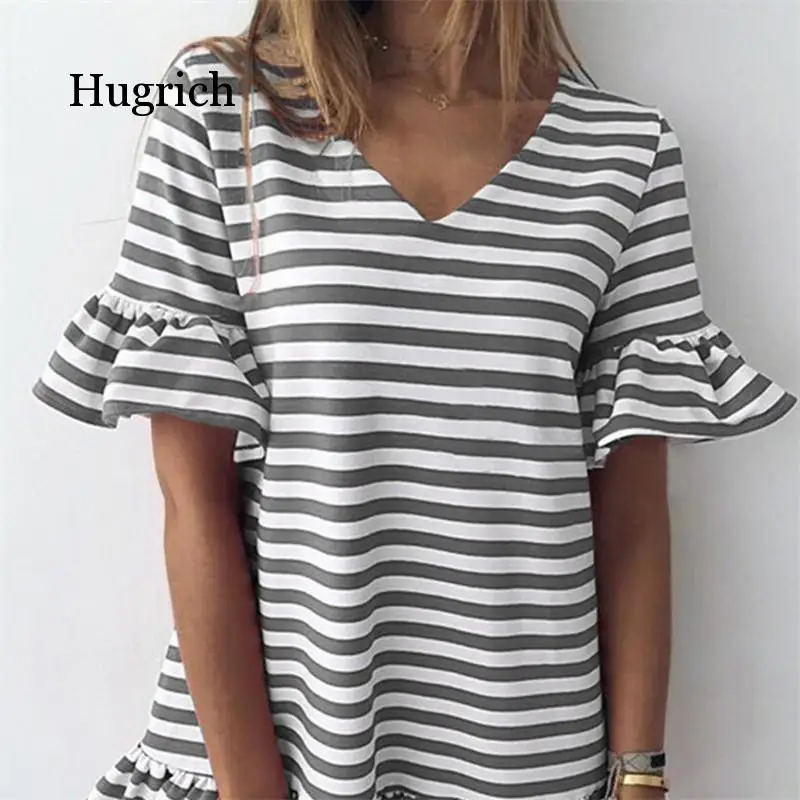 

Hot Sale Women Ruffles V Neck Summer Dresses Striped Lotus Leaf Short Mini Dress Beach Casual Short Sleeve Dress Female Vestidos