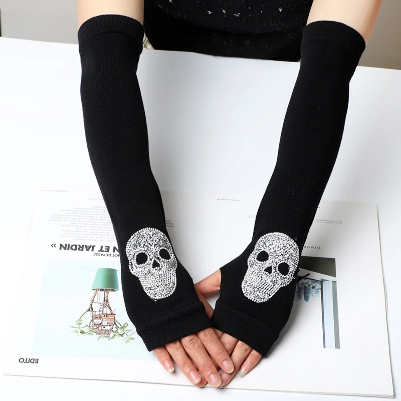 

Women Gothic Black Skull Gloves 2023 Hipster Embroidery Cool Elbow Wrist Length Mittens Fingerless Cuff Ninja Punk Unisex Glove