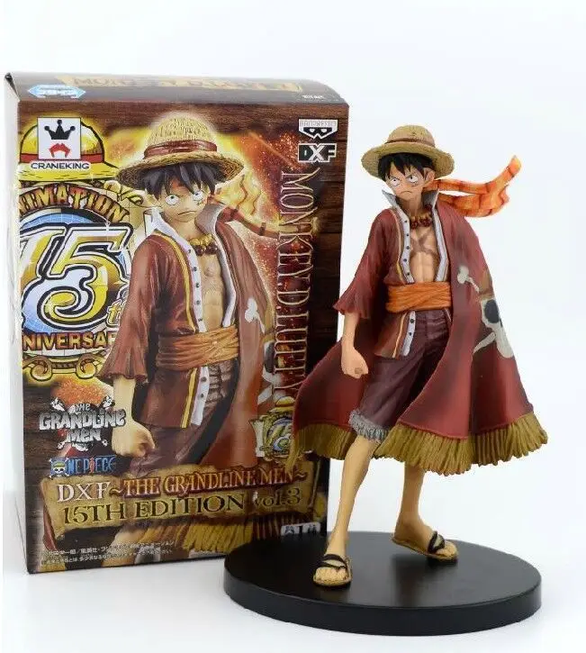 

Anime One Piece 15th Anniversary Straw Hat Boy Cloak Luffy Figure Figure Decoration Action Figure Doll Model Box Children's Gift