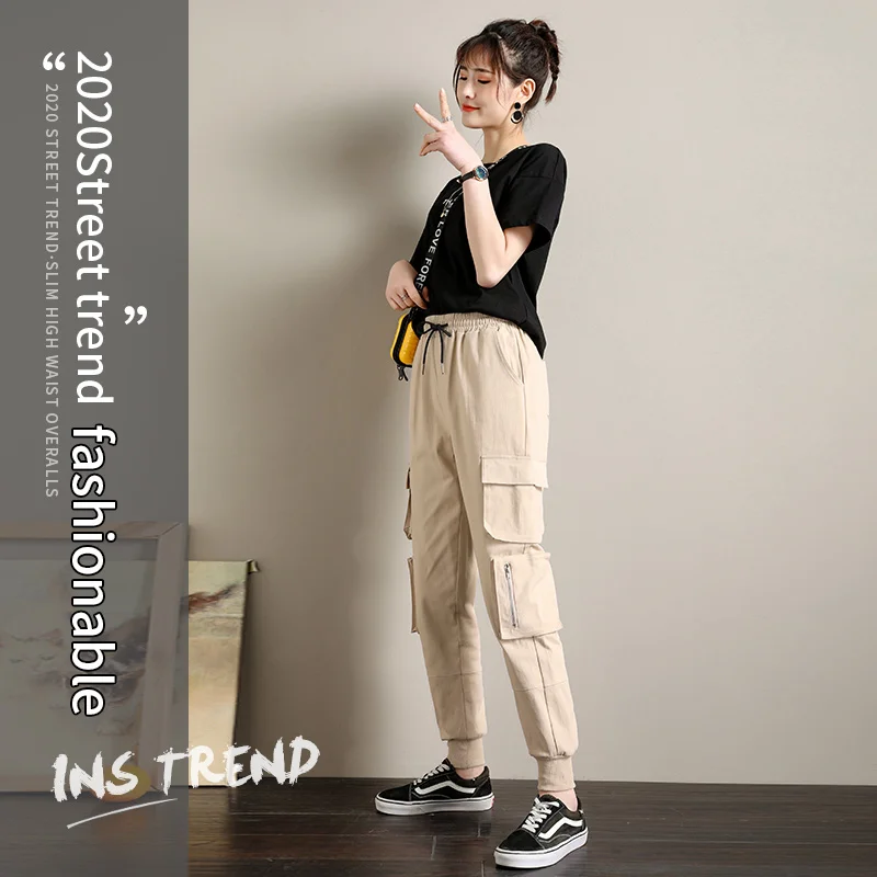 Женские брюки карго в стиле сафари хлопковые с эластичной резинкой на талии