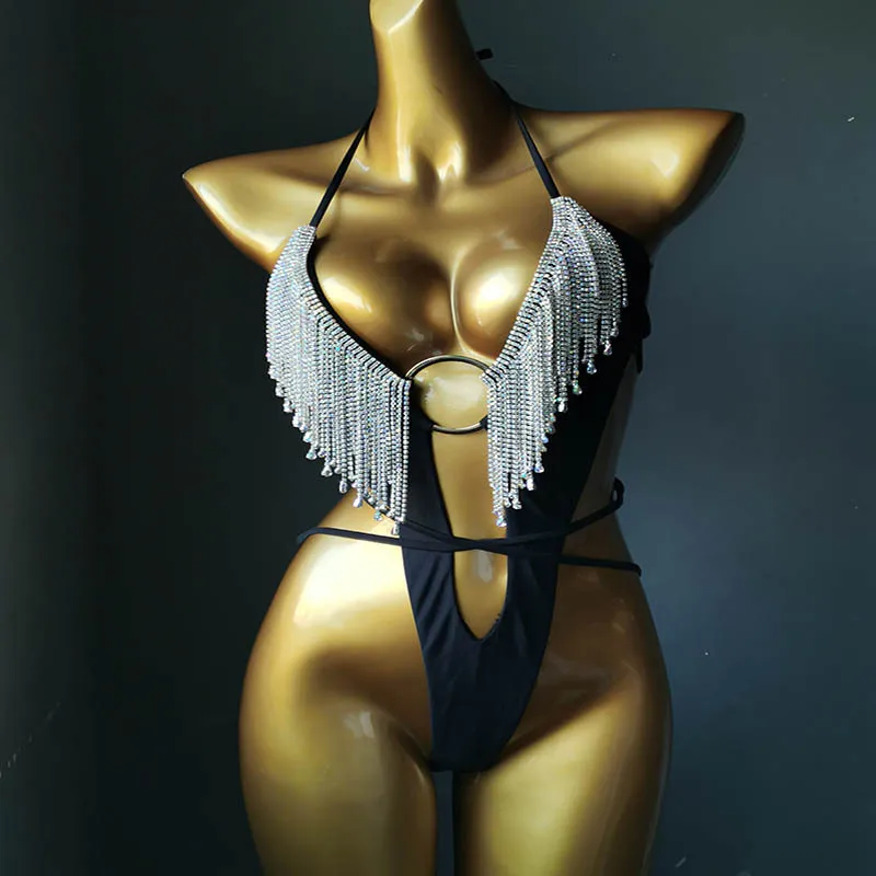 

2022 Trendy Sexy Luxury Diamonds Tassel Bikini Beach Deep V Neck Adjustable Bandage Glitter Rhinestone Halter One Piece Swimsuit