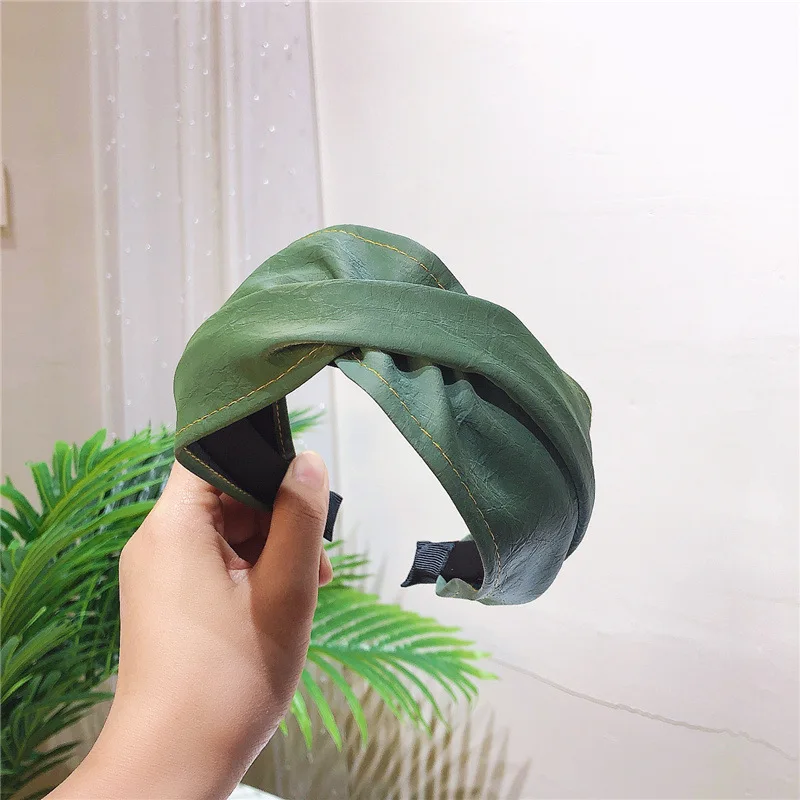 

Solid Color Turban Headwrap New Twist Knotted Head Hoop Matte Artificial Leather Headband Non-slip Wide Side Hair Accessories