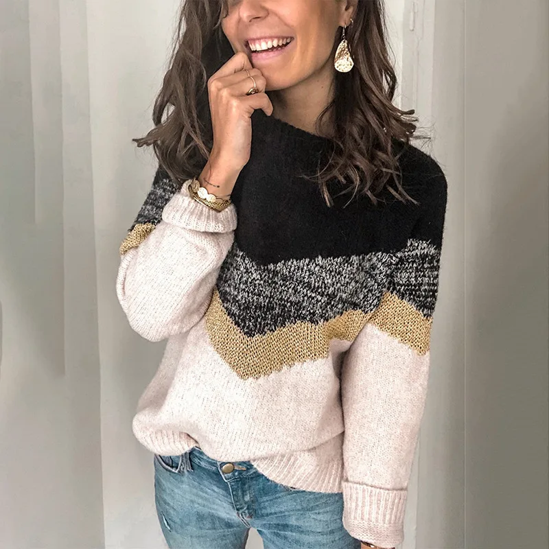 Casual Knitted Sweater Women Autumn 2021 Long Sleeve Knit Sweaters Pullover Femme Pacthwork Elegant Loose Winter Knitwear | Женская